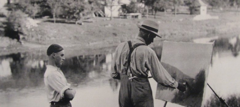 Historisches Foto: Maler am Wasser, Junge schaut zu