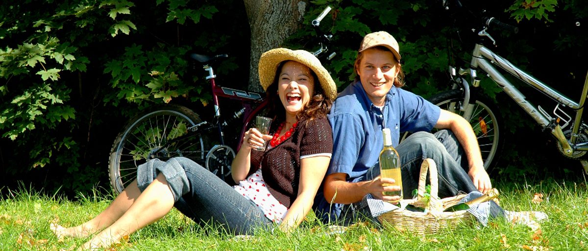 Lachendes Pärchen mit Picknickkorb im Gras mit Fahrrädern